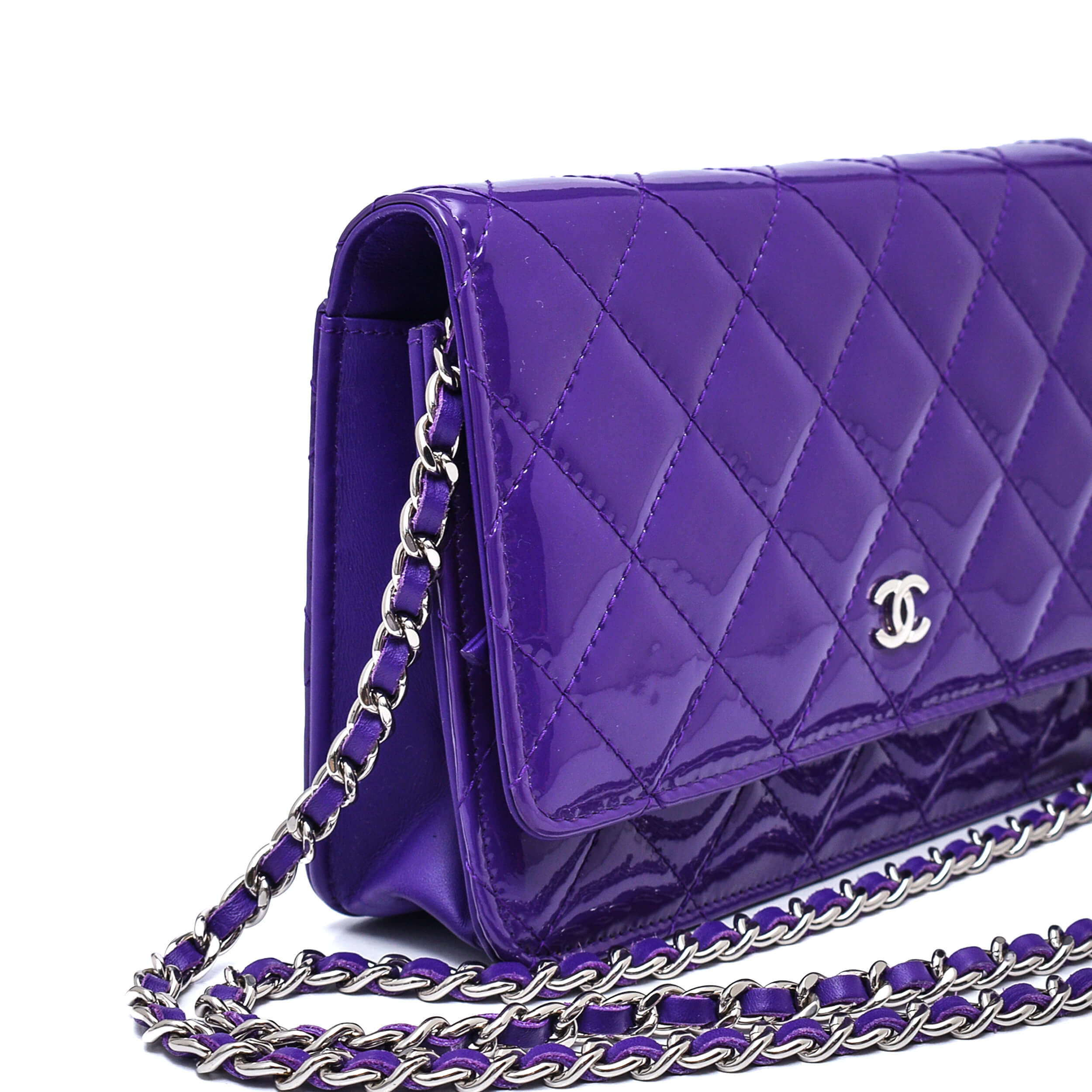 Chanel - Purple Quilted Patent Leather Wallet on Chain WOC Bag